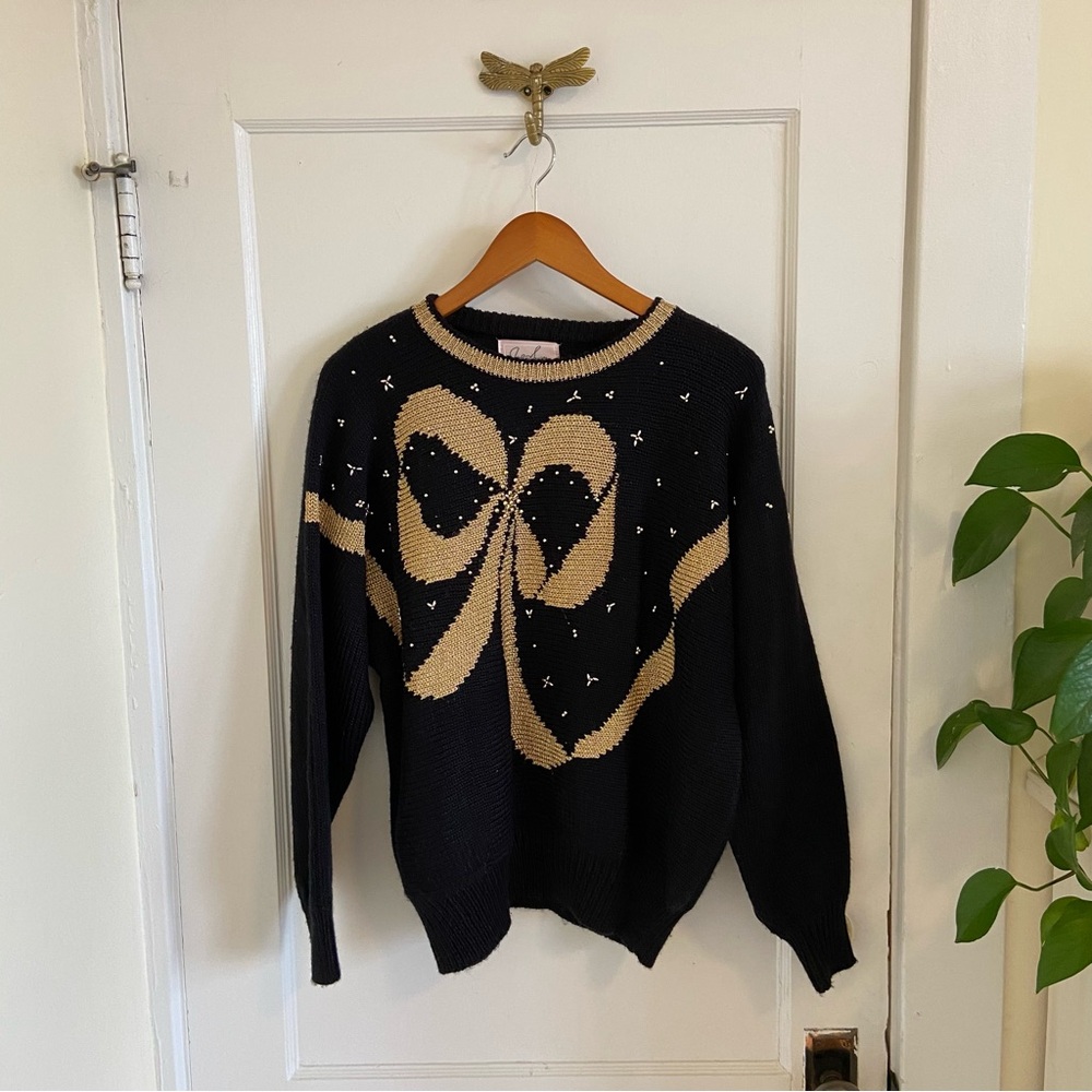 Vintage Black and Gold Holiday Bow Sweater Size Large Petite
